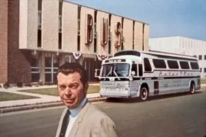 A Peter Pan Bus in front of a Mid Century Modern Bus Station