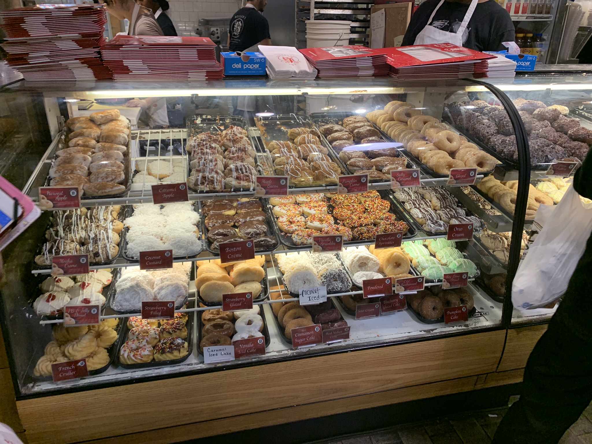 The display case at Beiler’s overflows with tempting donut options