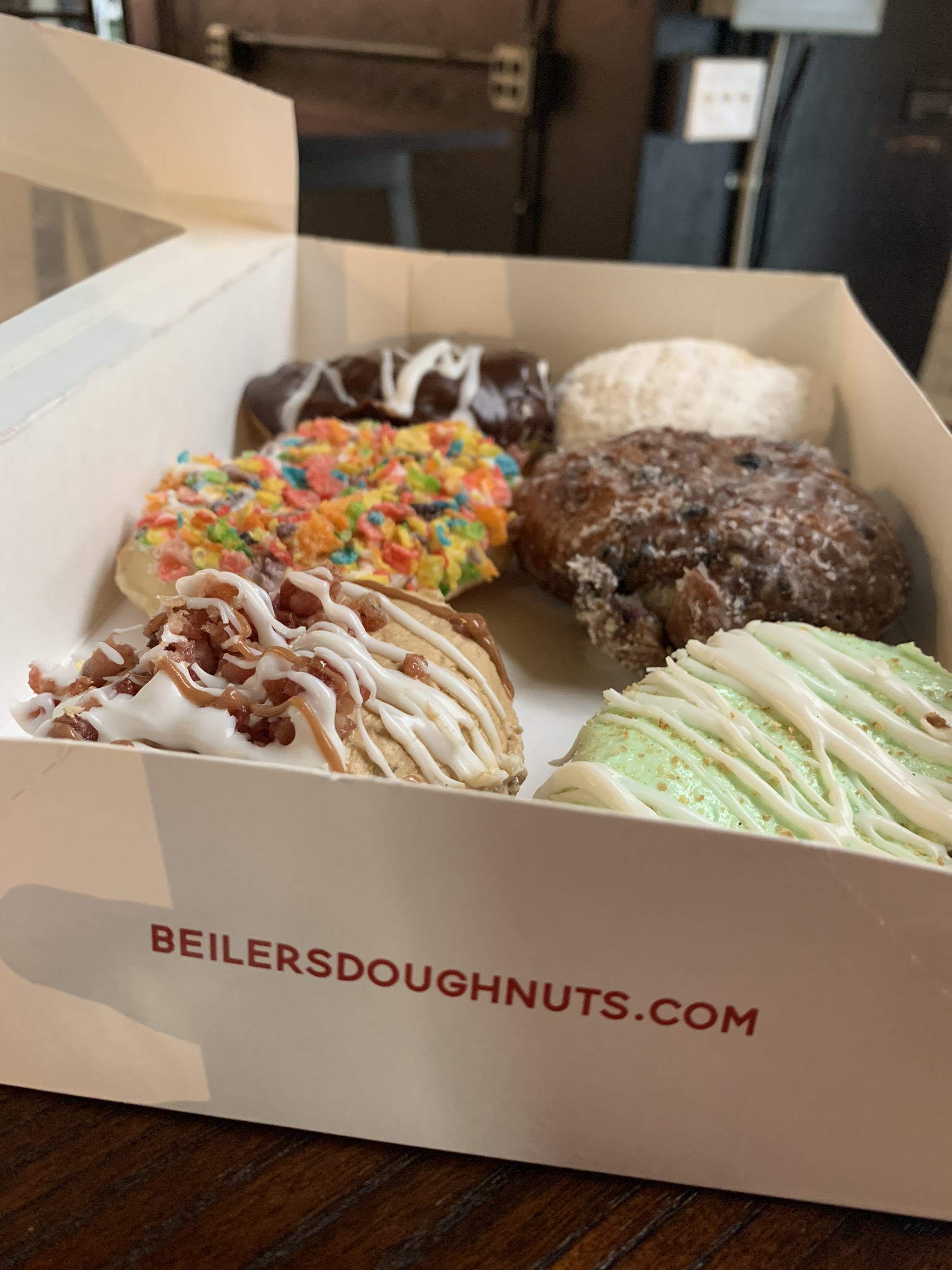 An assortment of six varieties of doughnuts from Beiler’s