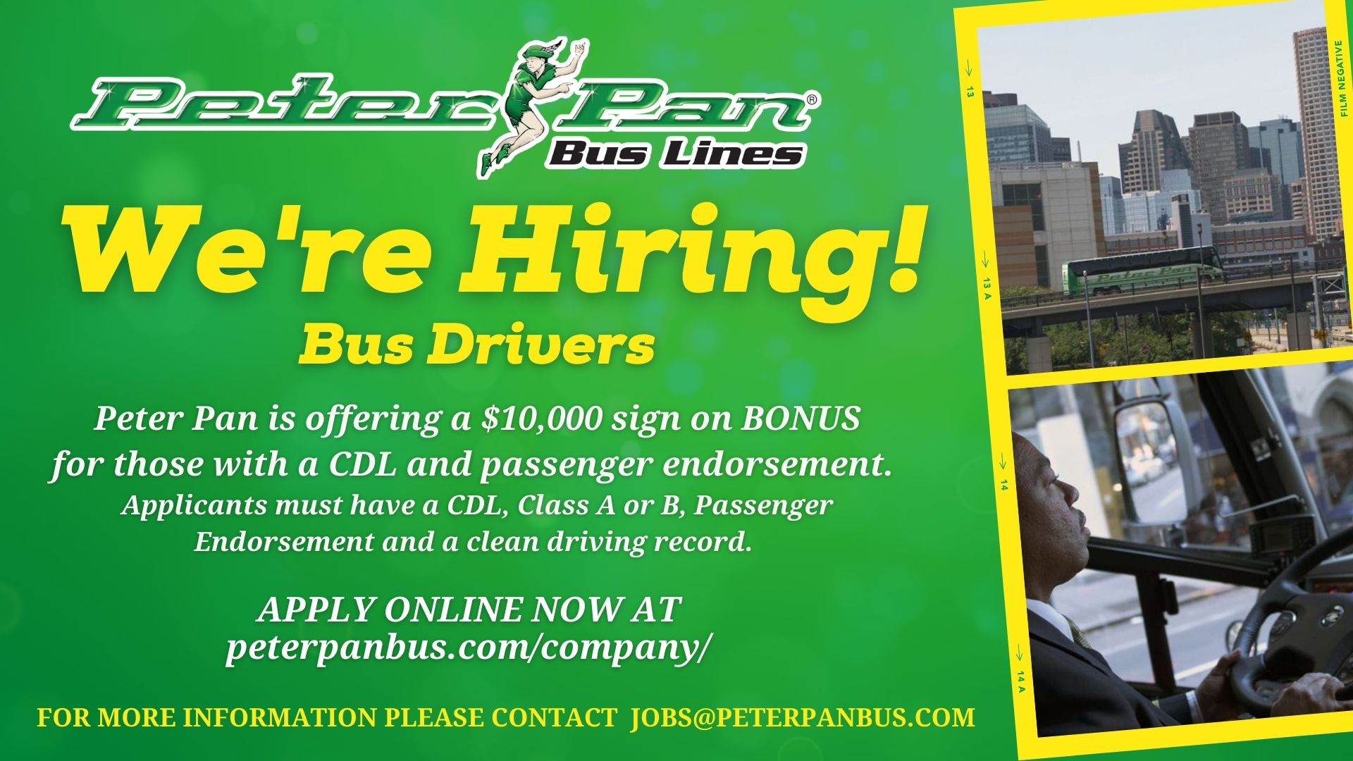 Peter Pan drives bus drivers their way with a $10,000 sign-on bonus and full benefits