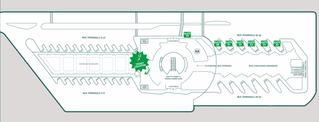 Map of Boston’s South Station Bus Terminal showing the new North Wing with Peter Pan Bus gates 29–34.