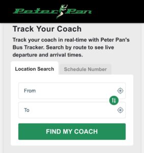 Passenger using Peter Pan’s mobile-friendly bus tracker to follow their bus in real time.