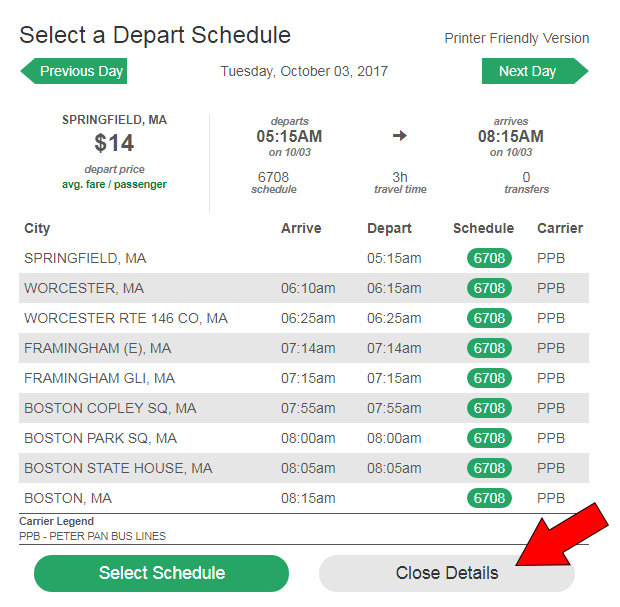 peter pan bus schedule